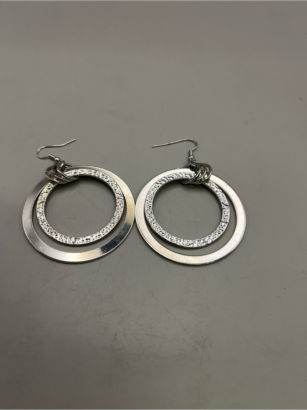 Silver Tone Double Hoop Hammered Statement Earrings | Boho Modern Dangle Drop